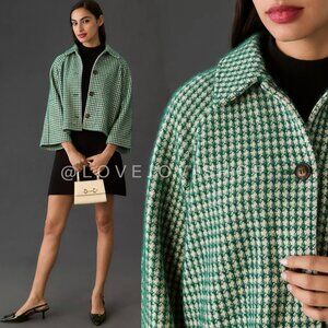 Feminine | Anthropologie Houndstooth Swing Jacket | Green and Cream by Greylin |
